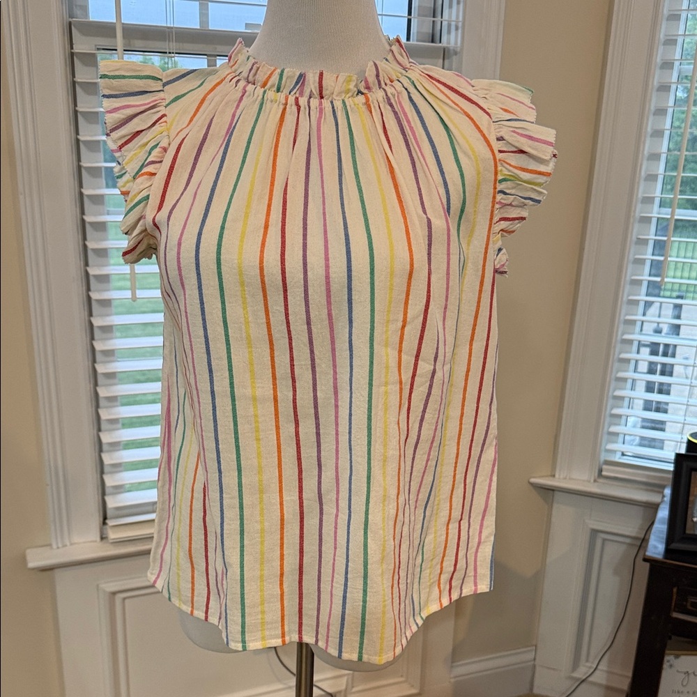 THML White Multi Rainbow Stripe Ruffle Sleeve Tank